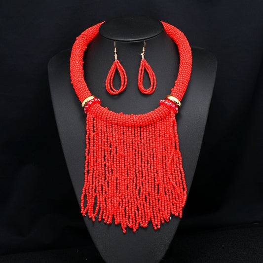Ethnic Style Tassel Bead Necklace And Earrings Suite