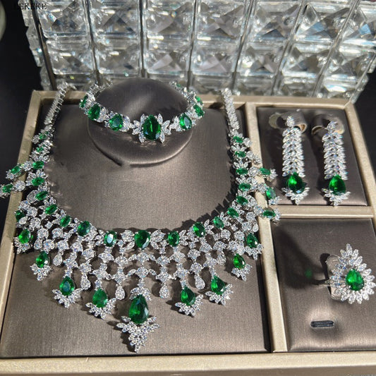 Green Waterdrops Zircon Necklace Earring Ring Bracelet Four-piece Set