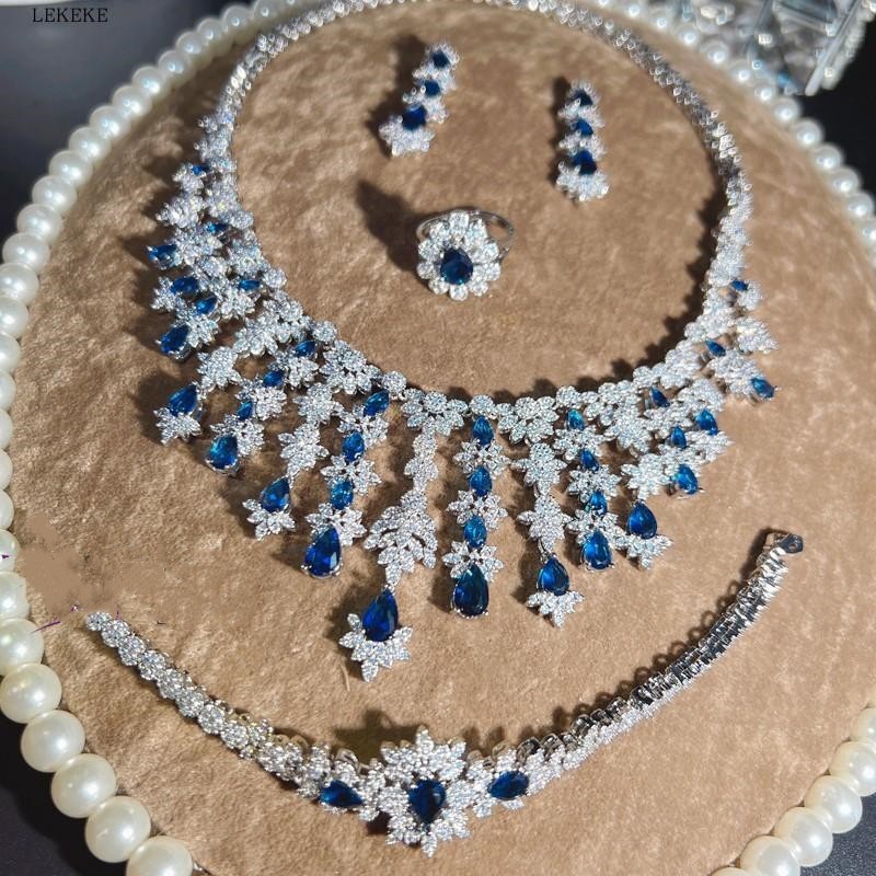 Blue Full Rhinestone Zircon Tassel Necklace Earring Bracelet Four-piece Set