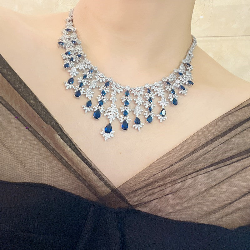 Blue Full Rhinestone Zircon Tassel Necklace Earring Bracelet Four-piece Set