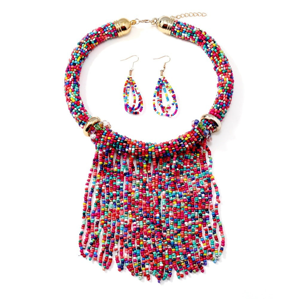 Ethnic Style Tassel Bead Necklace And Earrings Suite