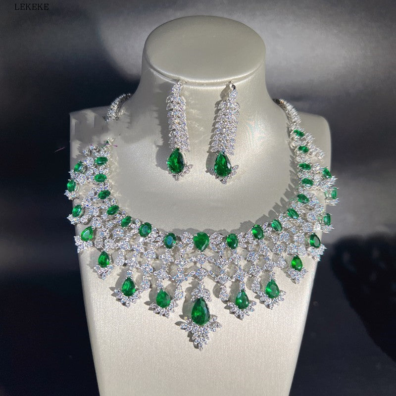 Green Waterdrops Zircon Necklace Earring Ring Bracelet Four-piece Set